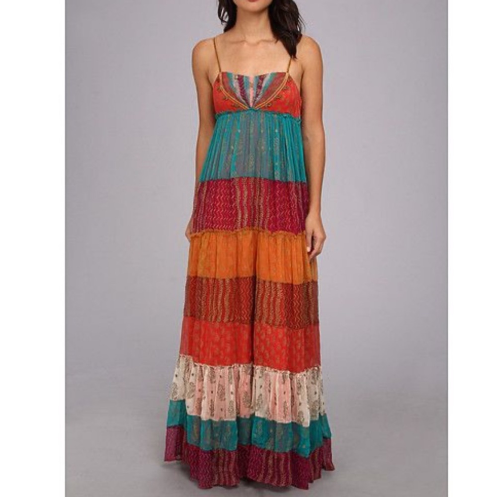 Free People Gilded Caravan Tiered Maxi Dress Size 4 Bohemian Velvet Straps Rare - Picture 3 of 16